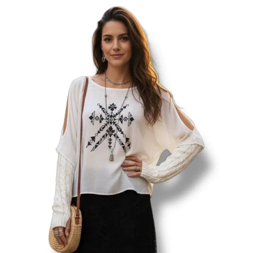 White Black Embroidered Open Shoulder Poncho Blouse Boho Western NWT